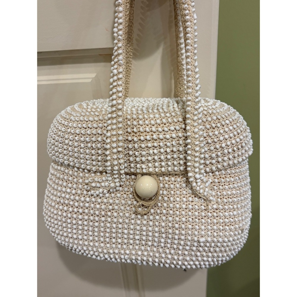 Vintage Bag by Josef Beaded Crochet cream/white handbag Hand Made in Italy Boxy